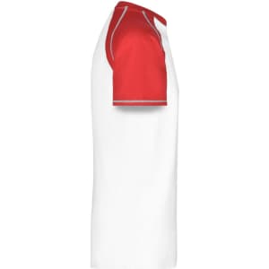 A men's raglan t-shirt in white with red sleeves and grey accents, featuring a logo on the side.