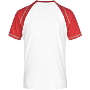 A red and white raglan T-shirt featuring short sleeves and a logo. The back view displays the colour contrast.