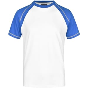 A men's raglan t-shirt featuring white fabric with blue sleeves and accents. It has a logo on the label.