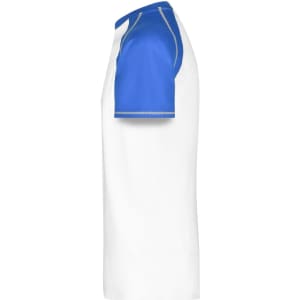 A men's raglan T-shirt featuring a white body with blue short sleeves and a logo on the sleeve.