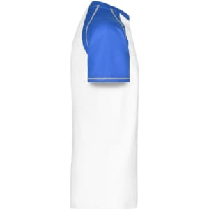 A white Men's Raglan-T with blue sleeves and a simple design, featuring a logo on the chest.