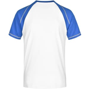 A men's raglan T-shirt with a white body and blue sleeves, featuring a logo on the back.