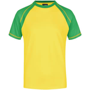 A yellow T-shirt with green raglan sleeves and contrasting trim, featuring a logo on the chest.