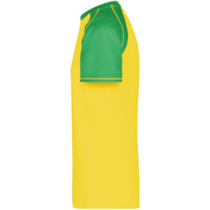 A side view of a men's raglan t-shirt featuring a yellow body and green sleeves. The shirt includes a logo.