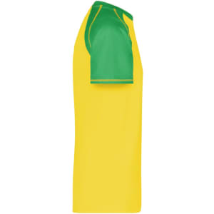 A yellow t-shirt with green raglan sleeves and a logo on the chest, displayed from the side.