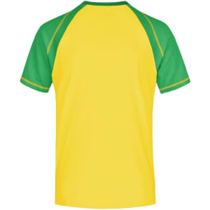 A yellow T-shirt with green raglan sleeves and a contrasting design, featuring a logo on the back.