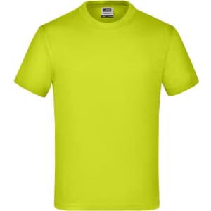 A bright lime green T-shirt with short sleeves and a round neckline, featuring a logo on the label.