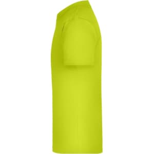 A side view of a bright yellow t-shirt, featuring short sleeves and a standard fit. The shirt has a logo.