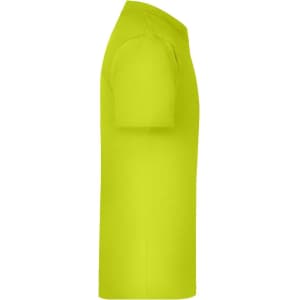A bright lime green t-shirt, featuring a simple design and a logo, shown from the side.