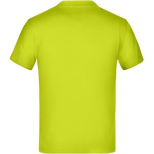 A vibrant yellow T-shirt with a crew neck and short sleeves, featuring a logo. Back view displayed.