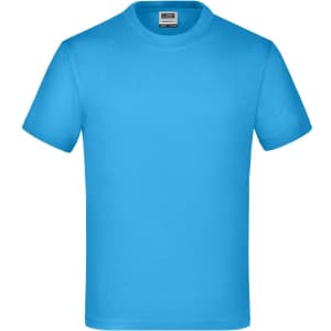 A bright blue T-shirt featuring a round neck and short sleeves, with a brand logo on the label.
