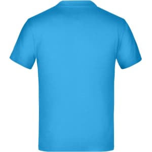 A bright blue t-shirt featuring a simple design and short sleeves, with a logo on the back.