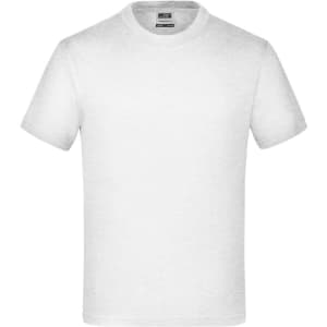 A plain white t-shirt with short sleeves and a crew neckline, featuring a logo on the label.