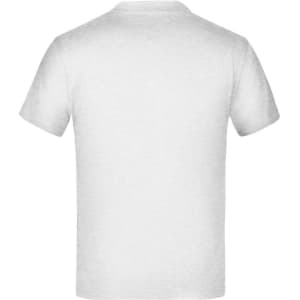 A plain white short-sleeved T-shirt with a back view and a logo on the label.