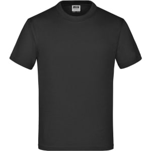 A black short-sleeved T-shirt featuring a simple design and a logo on the label.