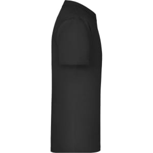 A black t-shirt featuring short sleeves and a simple design, with a logo on the fabric.