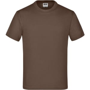A brown Junior Basic-T shirt, featuring a round neck and short sleeves, with a logo on the label.
