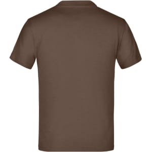 A brown t-shirt with short sleeves and a plain back, featuring a logo.