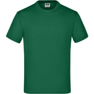 A green Junior Basic-T t-shirt with a round neckline and short sleeves, featuring a logo on the label.