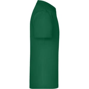 A green T-shirt with short sleeves and a straight cut, featuring a logo on the fabric.