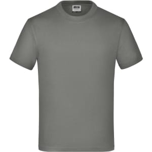 A grey short-sleeved T-shirt with a round neckline and a label inside. It features a logo on the front.