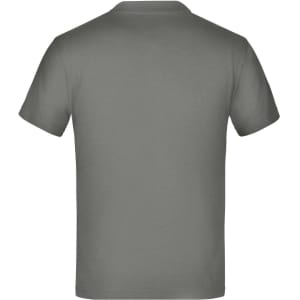 A plain grey T-shirt with a short sleeve and a round neckline, featuring a logo on the back.