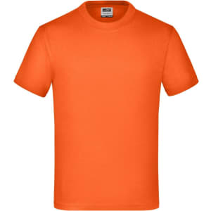 An orange T-shirt with a round neck and short sleeves, featuring a logo on the label.