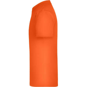 An orange T-shirt displayed from the side, featuring short sleeves and a plain design. The shirt includes a logo.
