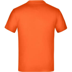 An orange t-shirt with a classic crew neck and short sleeves, featuring branding on the back.