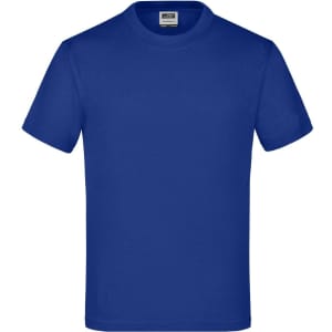 A blue T-shirt featuring a crew neck and short sleeves, with a label inside and a logo on the chest area.