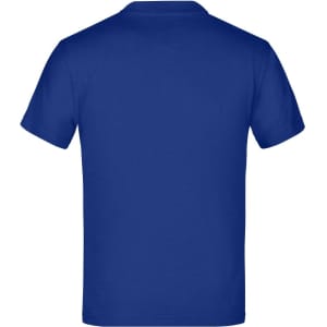 A blue t-shirt with short sleeves and a plain back. It features a logo on the back.