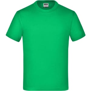 A bright green short-sleeved T-shirt with a crew neck and a logo on the label.