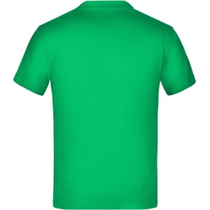 A green T-shirt with a back view, featuring a plain design and a logo at the neck area.