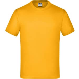A plain yellow short-sleeve T-shirt with a crew neck and a label inside the collar. It has a logo on the tag.
