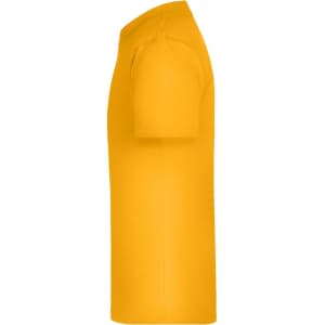 A side view of a bright yellow T-shirt, featuring short sleeves and a simple design with a logo.