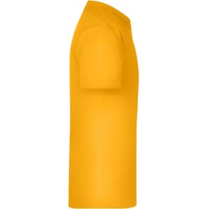 A yellow t-shirt with short sleeves, displaying a simple side view. It features a logo on the front.