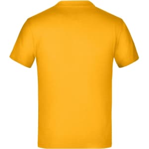A yellow short-sleeve t-shirt with a plain back and a logo on the neck area.