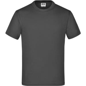 A grey T-shirt featuring a round neckline and short sleeves, with a label inside and a logo.