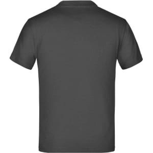 A grey short-sleeve T-shirt with a plain back and a logo on the upper back.