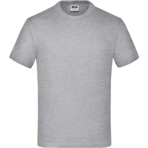 A grey short-sleeve t-shirt with a round neckline and a brand logo on the inside label.