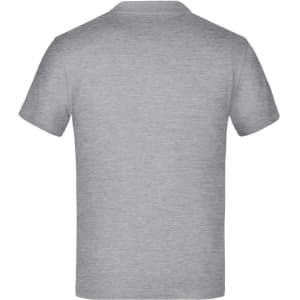 A grey T-shirt with short sleeves and a plain back design, featuring a logo.