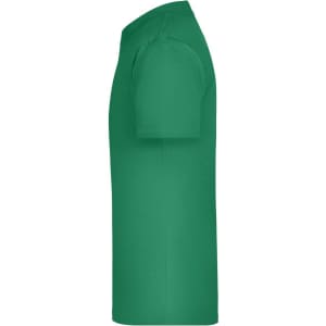 A green T-shirt with short sleeves and a side view, featuring a simple design and a logo.