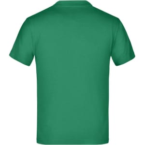 A green short-sleeved T-shirt, featuring a plain design and a branding logo on the back.