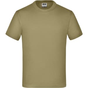 A khaki Junior Basic-T shirt with short sleeves and a crew neckline, featuring a logo on the label.