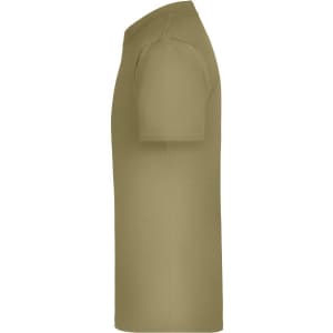 A khaki t-shirt with short sleeves and a round neckline. It features a logo on one side.