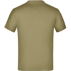 A plain khaki T-shirt featuring a simple design and a logo on the back. Short sleeves and a crew neck style.