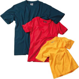 Three T-shirts in navy blue, red, and yellow, stacked together. Each shirt has a logo.