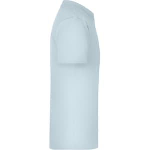 A light blue t-shirt with short sleeves and a round neckline, featuring a logo on the side.