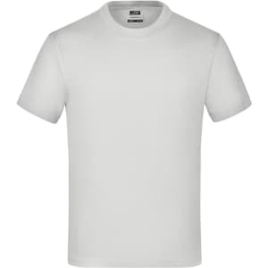 A plain white short-sleeve T-shirt featuring a round neckline and a logo on the label.