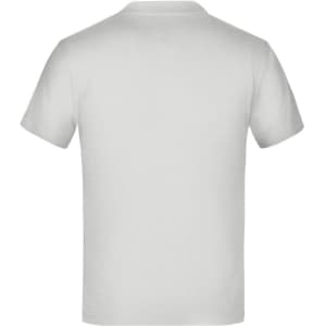A plain white short-sleeved T-shirt with a round neckline and a logo on the back.
